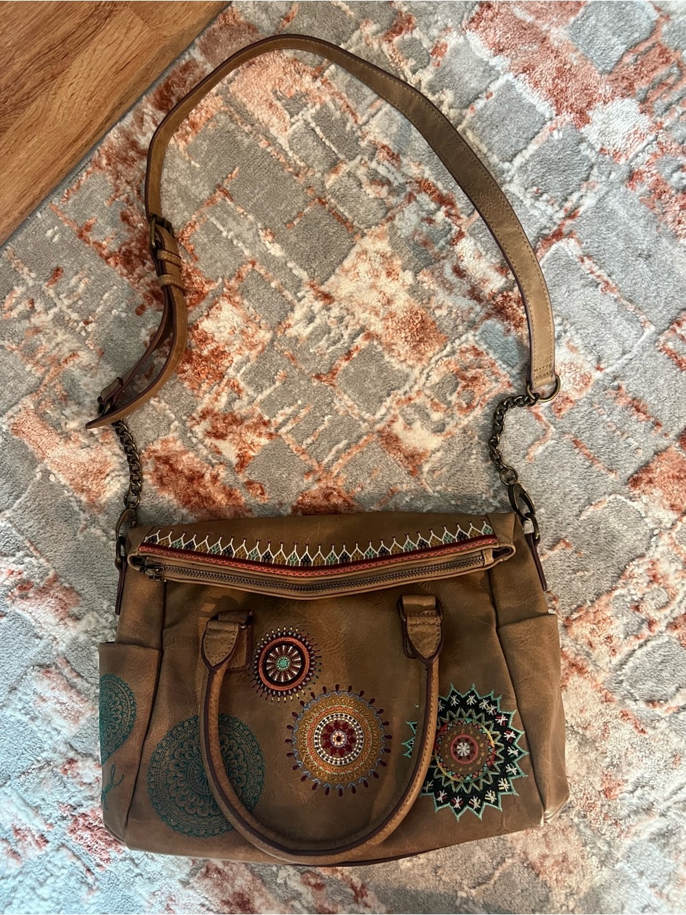 Desigual Brown Shoulder Bag with Multicolor Embroidered Medallions